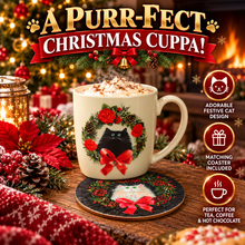 Load image into Gallery viewer, Christmas Cat Porcelain Mug &amp; Coaster Set – Festive Kitten Tea &amp; Coffee Cup Gift