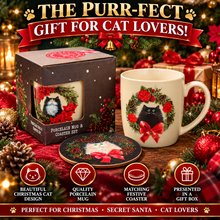 Load image into Gallery viewer, Christmas Cat Porcelain Mug &amp; Coaster Set – Festive Kitten Tea &amp; Coffee Cup Gift
