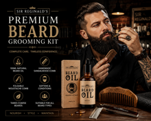 Load image into Gallery viewer, Sir Reginald's 3 Piece Beard Grooming Kit – 100ml Beard Oil, Sandalwood Comb &amp; Foldable Moustache Comb – Free UK Delivery