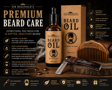 Load image into Gallery viewer, Sir Reginald's 3 Piece Beard Grooming Kit – 100ml Beard Oil, Sandalwood Comb &amp; Foldable Moustache Comb – Free UK Delivery