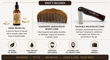 Load image into Gallery viewer, Sir Reginald's 3 Piece Beard Grooming Kit – 100ml Beard Oil, Sandalwood Comb &amp; Foldable Moustache Comb – Free UK Delivery