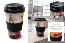 Load image into Gallery viewer, Lesser &amp; Pavey Eco Bamboo Travel Mug – London Collage Reusable Coffee Cup (Dishwasher Safe)