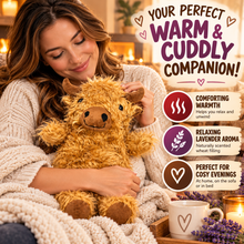 Load image into Gallery viewer, Puckator Highland Coo Cow Microwavable Wheat &amp; Lavender Heat Pack – Plush Highland Cow Warmer