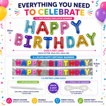 Load image into Gallery viewer, Large Happy Birthday Balloon &amp; 2 Banner Combo – Rainbow &amp; Silver – Free UK Postage