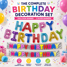 Load image into Gallery viewer, Large Happy Birthday Balloon &amp; 2 Banner Combo – Rainbow &amp; Silver – Free UK Postage