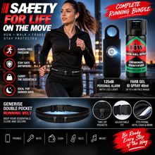 Load image into Gallery viewer, Personal Safety &amp; Running Bundle – Farb Gel ID Spray, 125dB Alarm, Running Belt &amp; Hi-Vis Bands