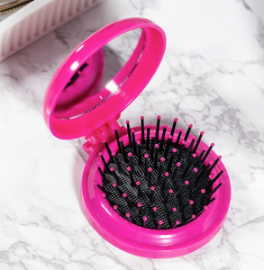 2-in-1 Mini Folding Detangle Hair Brush with Mirror - 4 Great Colours