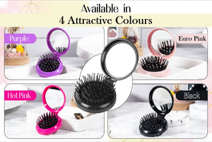 2-in-1 Mini Folding Detangle Hair Brush with Mirror - 4 Great Colours