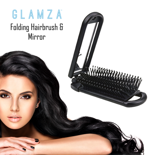 2-in-1 Mini Folding Detangle Hair Brush with Mirror Black
