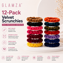 Load image into Gallery viewer, Glamza 12-Pack Hair Scrunchies – Velvet or Standard | Multi-Coloured Soft Hair Ties | Free UK Delivery