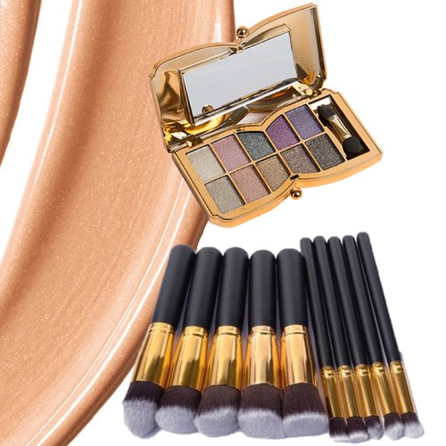 10pc Makeup Brush Sets With 10 Colour Gold Butterfly Palette