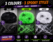 Load image into Gallery viewer, Halloween Spider Webs with 5cm Spiders – Black, Green &amp; White