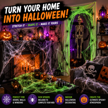 Load image into Gallery viewer, Halloween Spider Webs with 5cm Spiders – Black, Green &amp; White