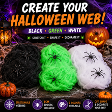 Load image into Gallery viewer, Halloween Spider Webs with 5cm Spiders – Black, Green &amp; White