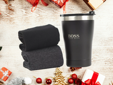 Load image into Gallery viewer, Hugo Boss Gift Set - 2 Pairs Mens Socks UK SIZE 6-11 (Grey and Black) with Thermal Mug