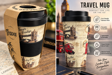 Load image into Gallery viewer, Lesser &amp; Pavey Eco Bamboo Travel Mug – London Collage Reusable Coffee Cup (Dishwasher Safe)