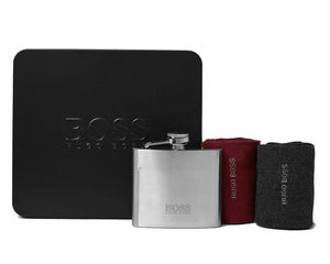 Hugo Boss Gift Set - 2 Pairs Mens Socks (1 PAIR RED 1 PAIR DARK GREY) UK SIZE 6-11 with Hip Flask