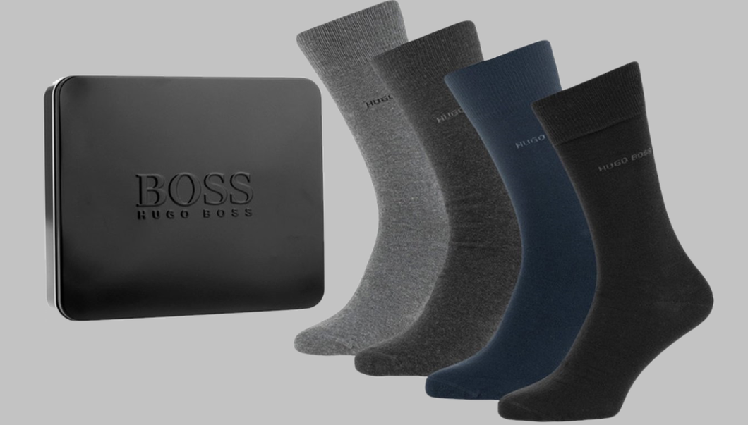 Hugo Boss Gift Set Gift Box 4 (Mixed Black, Blue, Greys) Pairs Mens Socks