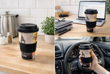 Load image into Gallery viewer, Lesser &amp; Pavey Eco Bamboo Travel Mug – London Collage Reusable Coffee Cup (Dishwasher Safe)