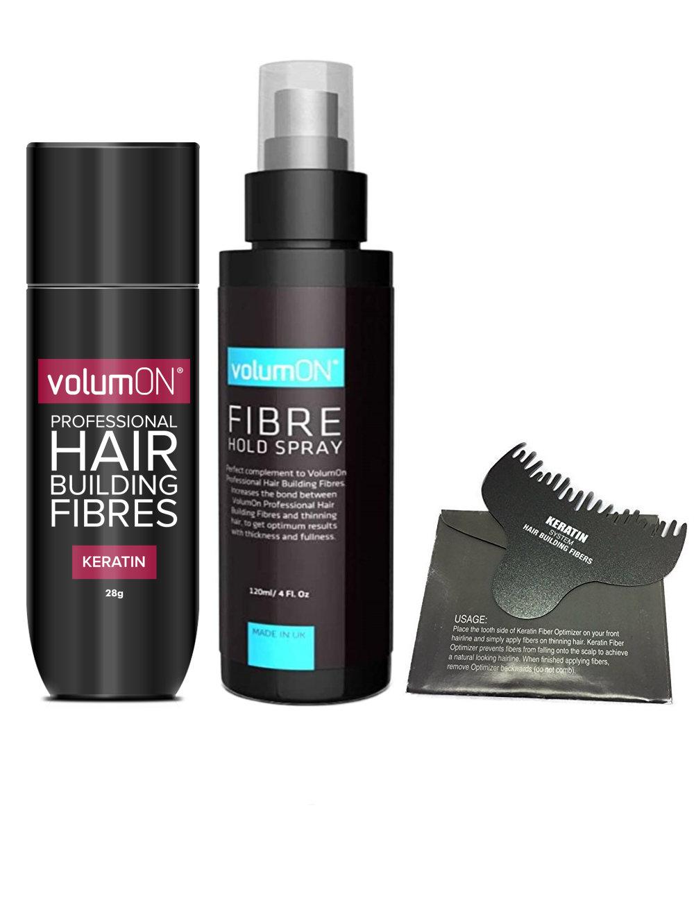 Volumon KERATIN Hair Loss Building Fibres Kit 12g or 28g with Fibre Hold Spray and Optimiser Comb