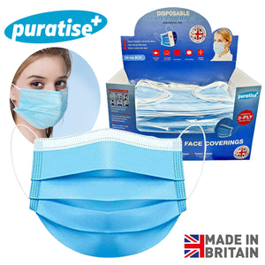 Puratise Disposable 3 Ply Face Masks- 50 Per Box- Made in the UK
