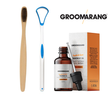 Load image into Gallery viewer, Oral Health Kit 3pc - Gum Oil, Tongue Scraper &amp; Bamboo Toothbrush