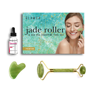 Glamza Jade Roller & Gua Sha Scraping Tool With 30ml Dermier Derma Collagen Serum Set