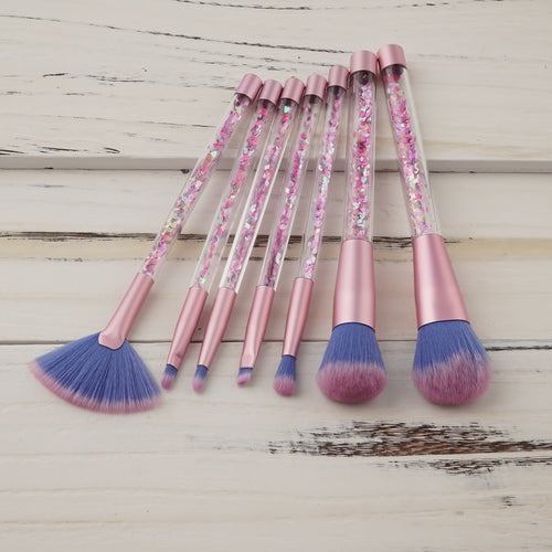7pc Pink Glitter Makeup Brush Set with Clear Liquid-Filled Handles – Professional Quality – Free UK Delivery